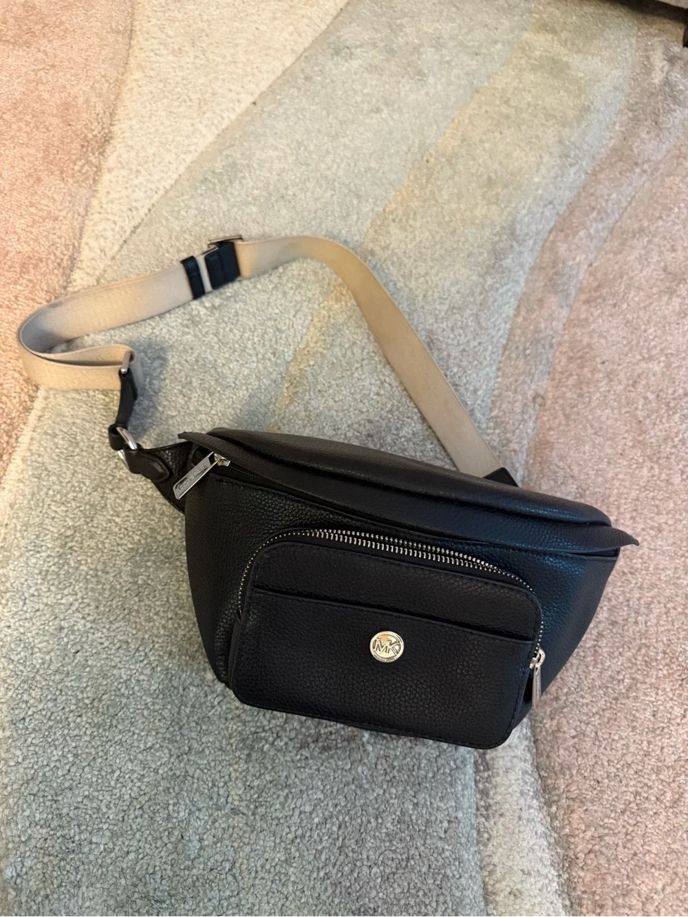 Michael Kors Black Pebbled Leather Belt Bag with Beige Strap